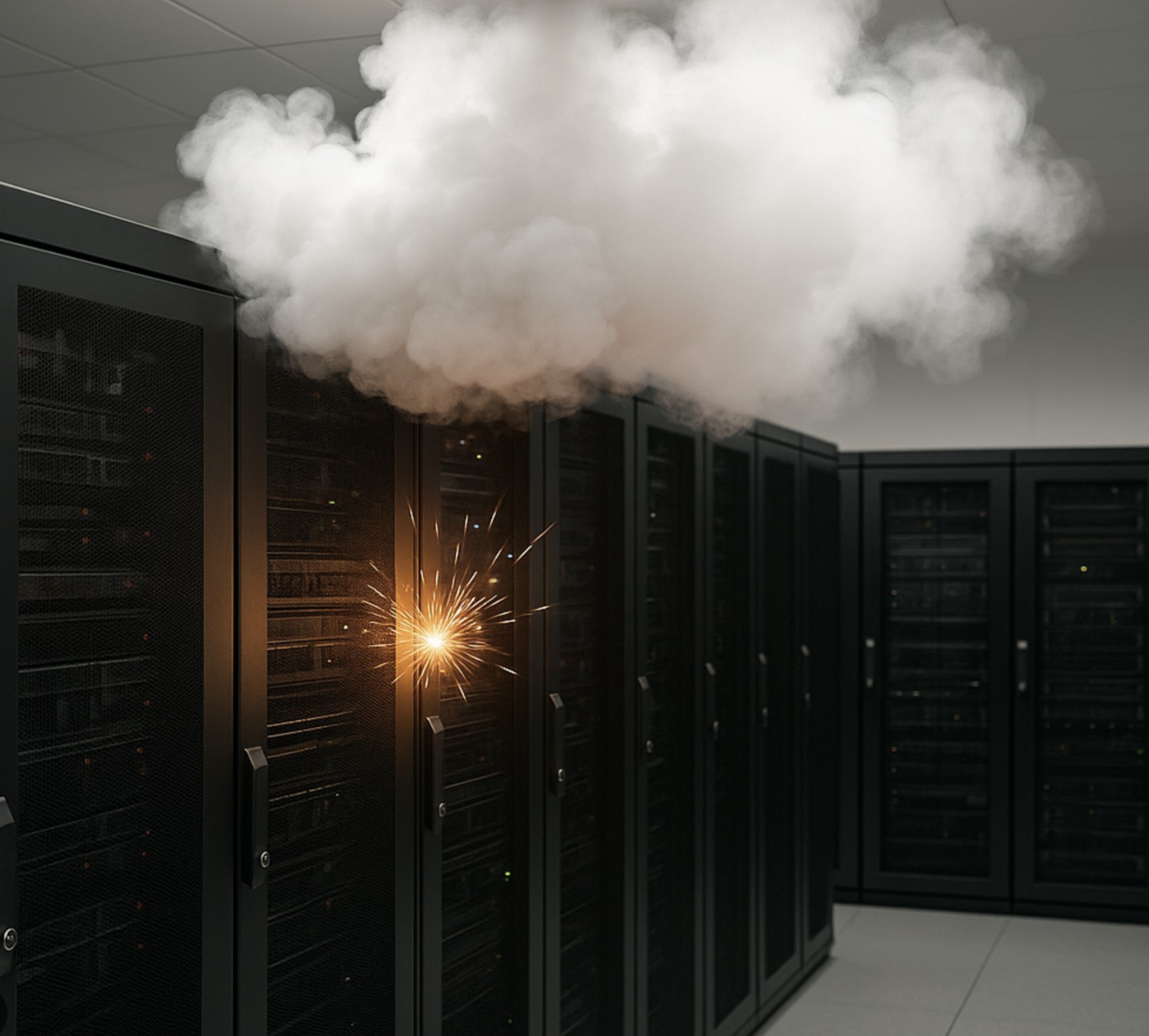 Data center server room fire — condensed-aerosol total-flooding suppression protects racks and electronics