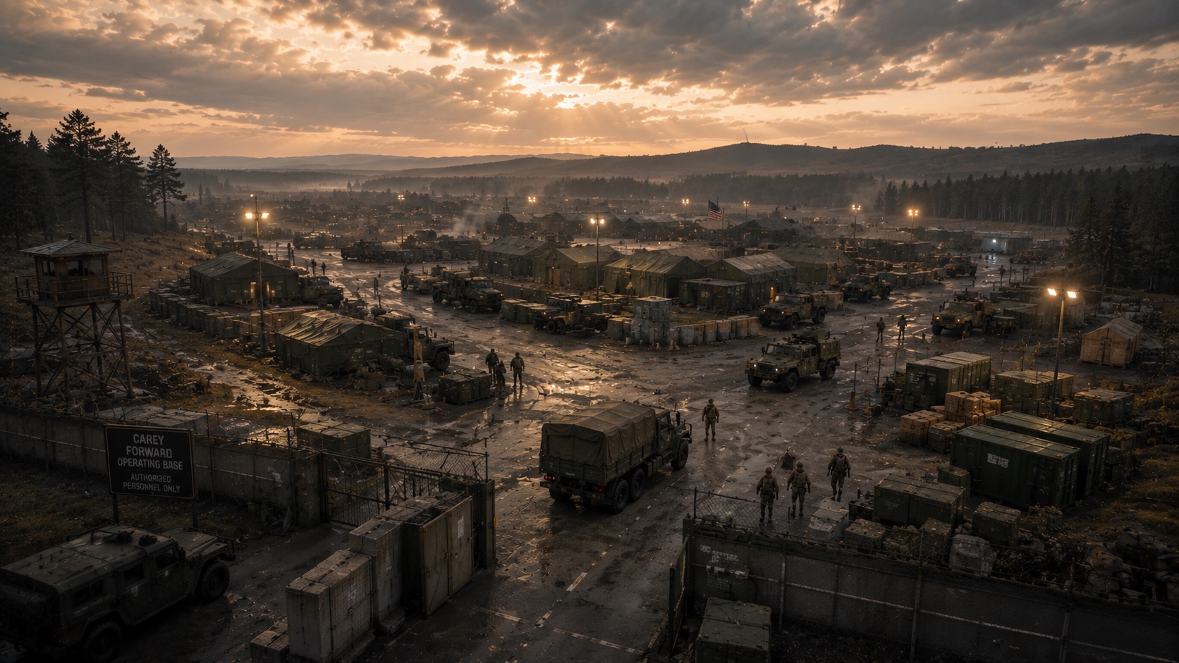 Military fuel depot fire being fought at dusk by firefighting crews